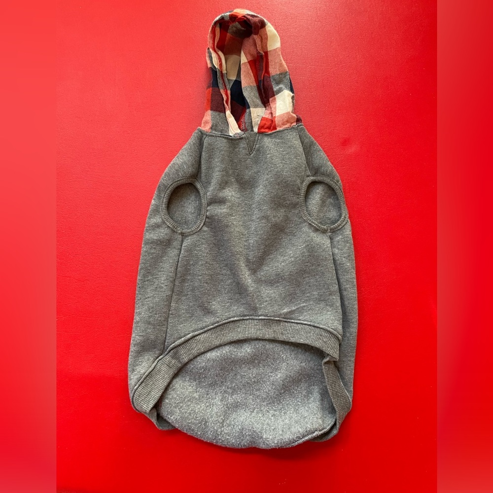 Grey Flannel Dog Hoodie with Plaid Accents